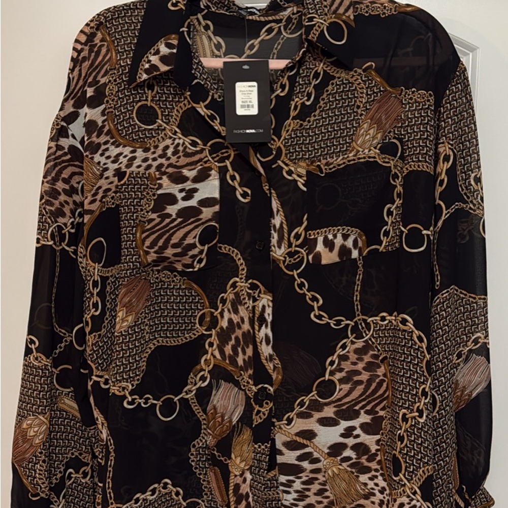 Fashion Nova Black and Brown Chain Print Blouse